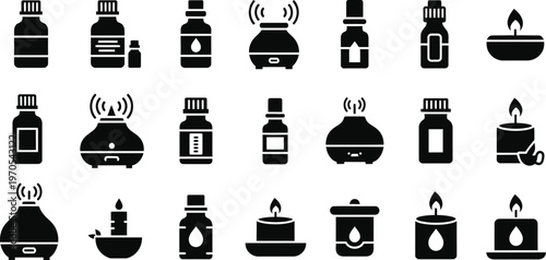 Aromatic essentials collection of black silhouette icons for relaxation and wellness
