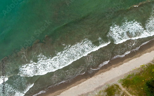 Waves gently curl and crash upon a sandy shore under the bright sun at a tranquil beach on a warm summer day