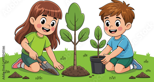 Happy Boy and Girl Planting Young Tree Saplings Together in Garden Cartoon Vector Illustration