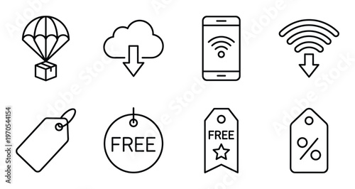 Airdrop and discount tag icons with free offers and sale promotions vector icons