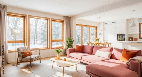Cozy living room with pink sofa and snowy view