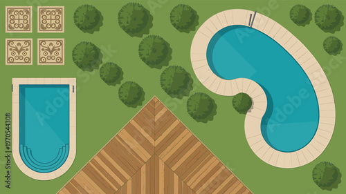 Top View Vector Illustration of Outdoor Swimming Pools with Garden Trees and Stone Tile Paving