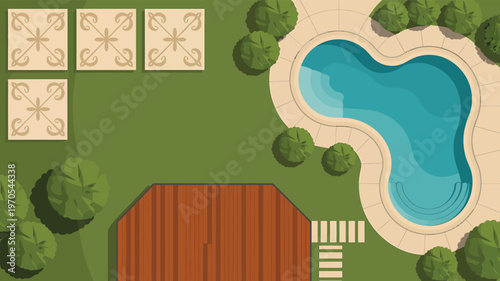 Top View Vector Illustration of a Backyard with a Swimming Pool Wooden Deck and Garden Paving