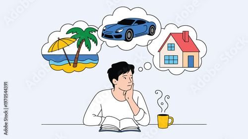 Young Man Dreaming of Vacation Travel Luxury Sports Car and a New House Hand Drawn Illustration
