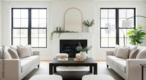 Modern living room with cozy fireplace, neutral decor, and natural lighting for relaxed lifestyle