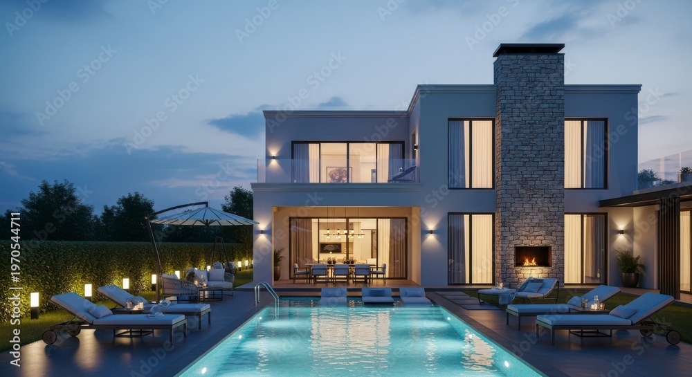 Fototapeta premium Modern luxury villa at dusk with illuminated infinity pool and outdoor lounge area