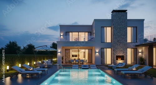 Modern luxury villa at dusk with illuminated infinity pool and outdoor lounge area