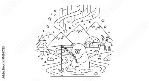 Cute Bear Fishing in Arctic Winter Landscape Vector Illustration with Northern Lights, Mountains, and Igloo for Kids Coloring Book Page Design