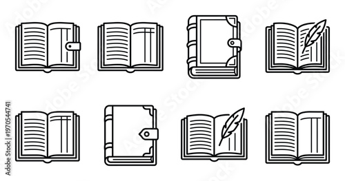 Collection of open and closed vintage books with ornate covers and pages