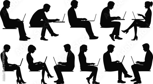 People silhouettes working on laptops sitting and communicating modern office vector
