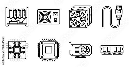 Computer components and network hardware icons on transparent background for technology and mining vector