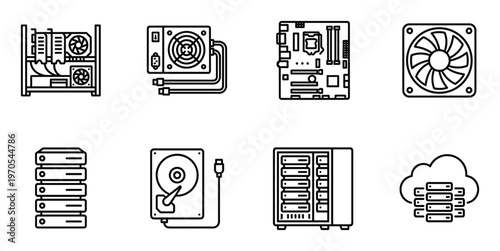 Computer hardware components and cloud storage icon set for data center and networking technologies