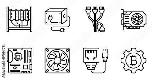 Computer hardware assembly and networking connection icons for system building and data transmission