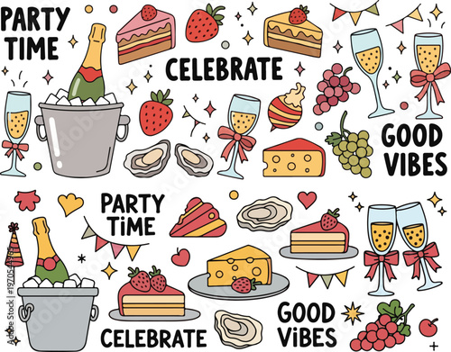 Playful Party Celebration Festive Food and Drinks, Illustration Doodle Cartoon Collection