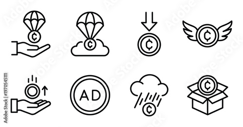 Cryptocurrency and finance icons showing airdrop coin transactions and savings growth