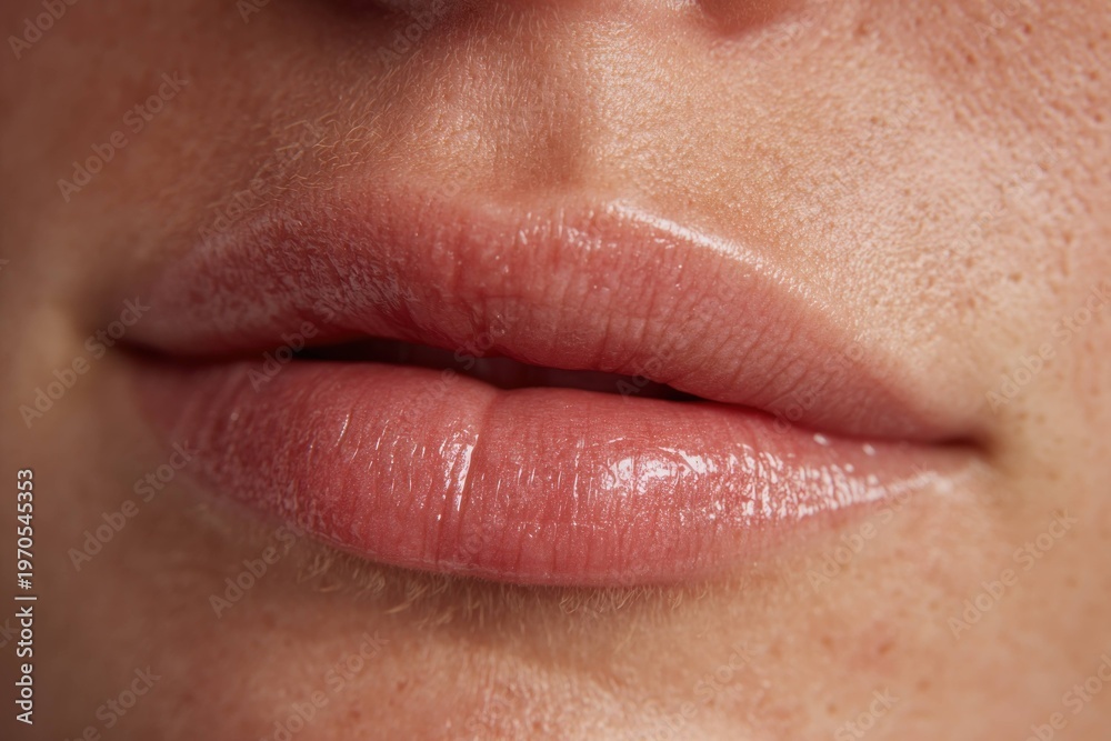 Fototapeta premium Close up of natural lips with soft texture and slight gloss, showing healthy skin and subtle details of the mouth area in natural light.