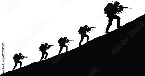 Military soldiers silhouettes climbing uphill in tactical formation with rifles, advancing combat troops, armed forces mission vector illustration isolated design