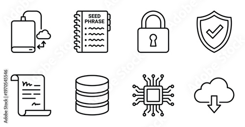 Digital security and cloud storage backup line icons for cryptocurrency wallet recovery and safety