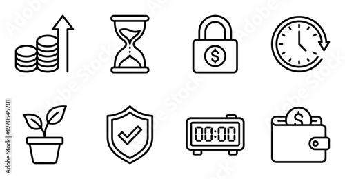 Financial management and time tracking icons set with money growth wallet and hourglass symbols for