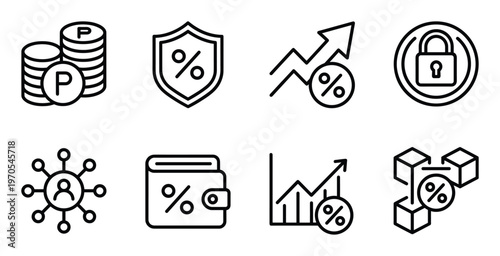 Financial percentage growth and investment protection icons set for business and banking analytics