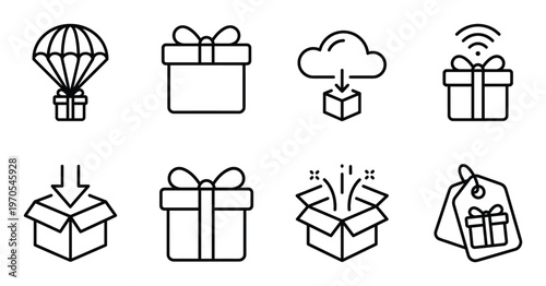 Gift and package delivery line icons set for ecommerce rewards and shipping services outline designs