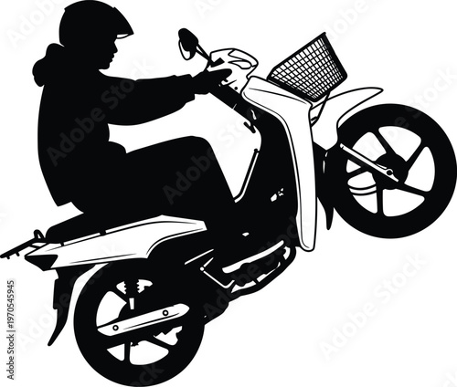 Scooter rider silhouette doing wheelie stunt, helmeted driver performing urban motorcycle action, delivery transport concept, dynamic motion vector illustration design