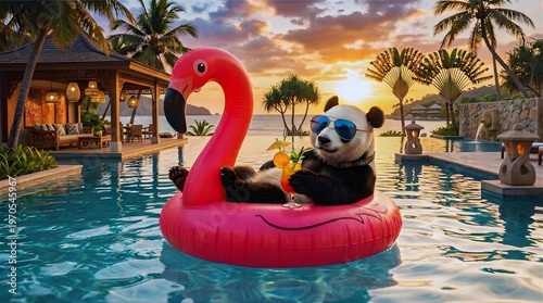 Cute Panda Relaxing on Flamingo Float in Luxury Tropical Pool at Sunset