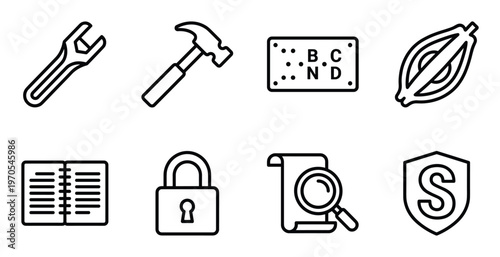 Hand tool icons and security equipment collection featuring professional maintenance and repair gear