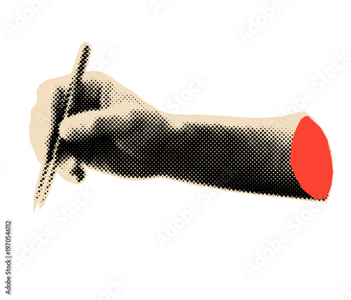 Hand holding tweezers halftone cut out. Mixed media design eleement for nostalgia scrapbook.