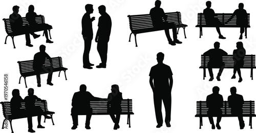 Collection of people silhouettes sitting and standing on park bench vector set