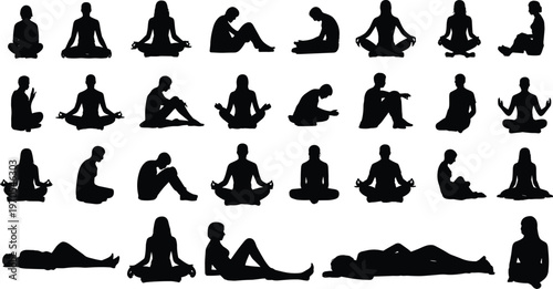 Yoga meditation silhouettes collection various poses relaxation mindfulness wellness healthy lifestyle flat vector