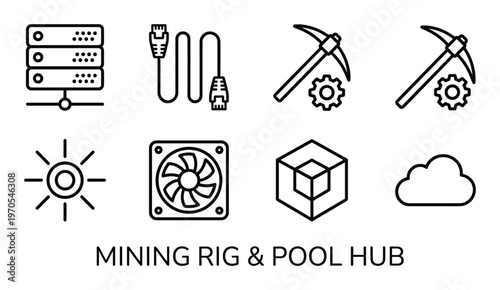 Mining rig and pool hub icons for cryptocurrency and blockchain technology on transparent background vector