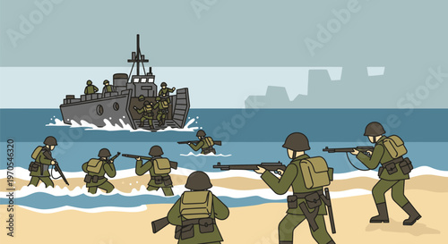 Soldiers landing on beach with warship in background during invasion