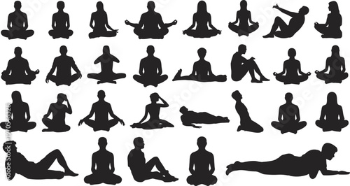 Yoga meditation silhouettes collection lotus poses relaxation mindfulness wellness fitness flat vector
