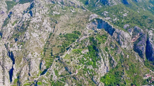 Kotor Montenegro Aerial View Historic City Bay Fortress Mountains Old Town Drone Shot