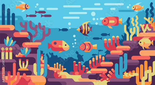 Vibrant coral reef scene with numerous fish swimming among colorful sea fans and coral formations underwater.