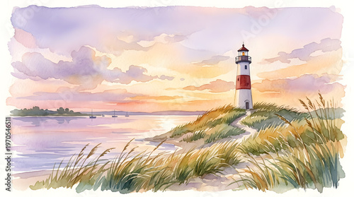 Lighthouse on a grassy dune at sunset