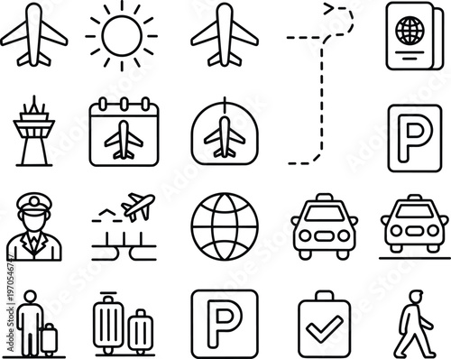 Airport travel icon set featuring airplane passport taxi navigation route luggage minimal line art illustration transportation journey concept collection