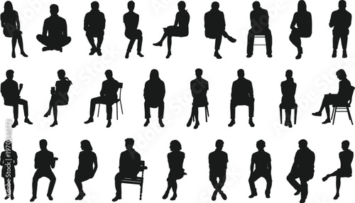 People sitting silhouettes collection various chair poses front view isolated flat vector