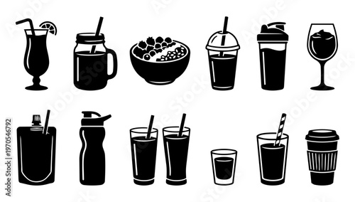 Drink Icon Set – Beverages, Cocktails, Smoothies and Coffee Cups Silhouette Collection