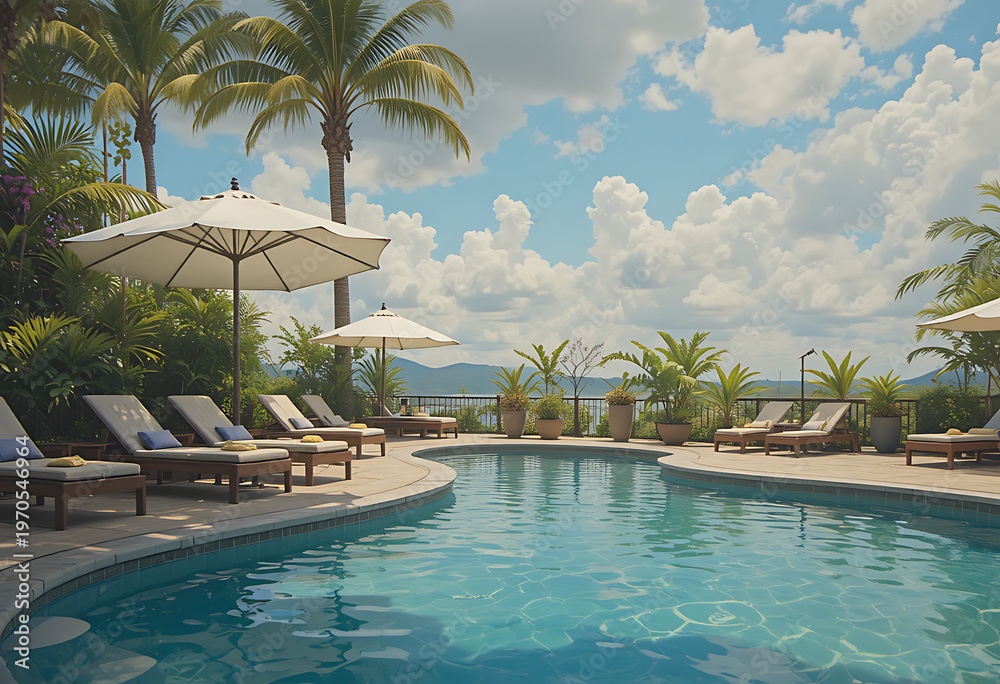 Fototapeta premium Tropical resort pool with lounge chairs and palm trees swimming pool