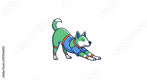 Green dog stretching in blue overalls and striped socks.