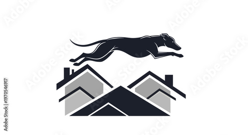 Elegant Greyhound Leaping Over Stylized Houses Logo.