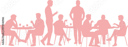 People silhouettes cafe restaurant scene friends talking sitting dining social gathering flat vector