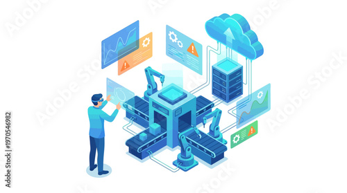 Isometric Smart Factory with Engineer Using VR Glasses, Industrial Automation, Cloud Computing Data Analytics, Industry 4.0 Digital Manufacturing Technology