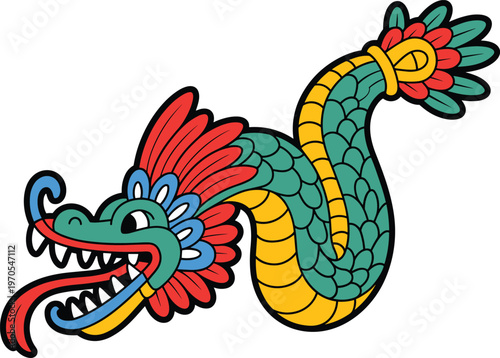 Quetzalcoatl feathered serpent deity, Aztec mythology cultural symbol illustration, flat vector