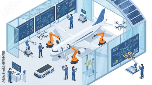 Isometric Smart Aircraft Manufacturing Factory with Robotic Automation, Engineers Monitoring Airplane Assembly Line, Sustainable Solar Powered Industrial Facility