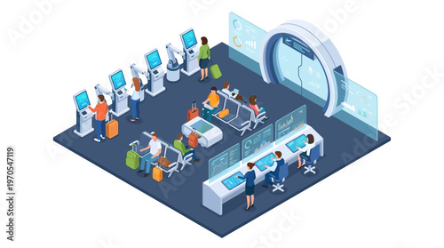 Isometric Smart Airport Terminal with Self-Service Check-In Kiosks, Digital Security Screening, and Passengers Using Modern Travel Technology
