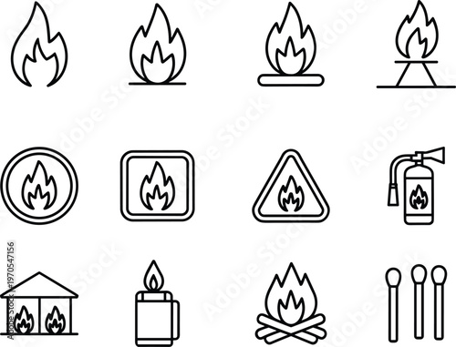 Fire safety and flame icon set featuring warning symbols extinguisher campfire minimal line art illustration emergency protection concept collection
