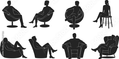 People sitting silhouettes on modern chairs sofa armchair relaxed poses flat vector
